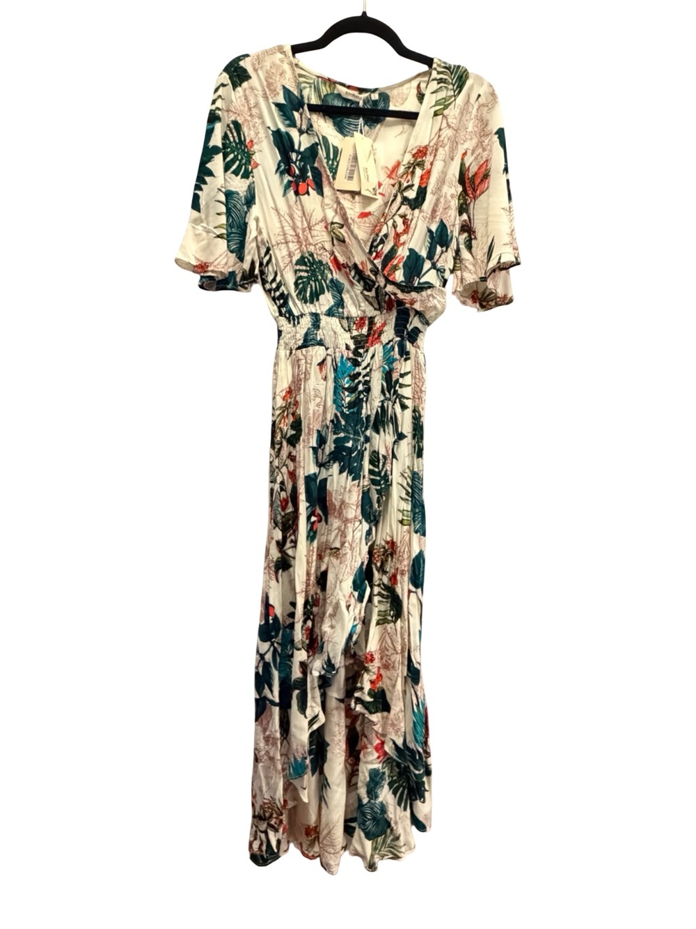 NWT Tropical Floral High Low Maxi Dress Flutter Sleeve Elastic Waist Cream Green